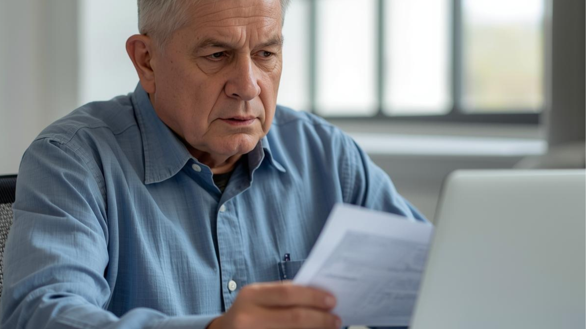 Veteran reviewing disability records on a laptop while checking paperwork.