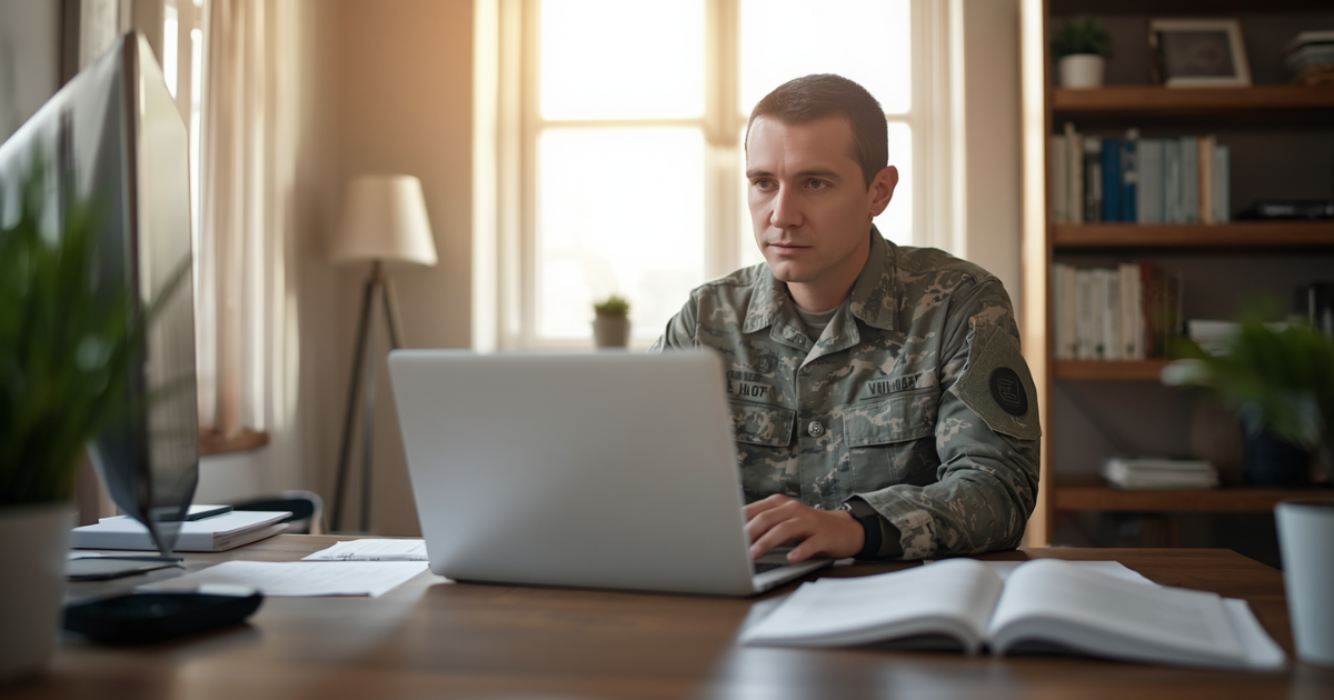 A veteran reviewing VA education benefit documents at a home desk